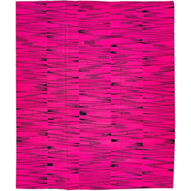 Textile 2020s Contemporary Abstract Turkish Kilim Wool Rug in Pink & Black For Sale - Image 7 of 7
