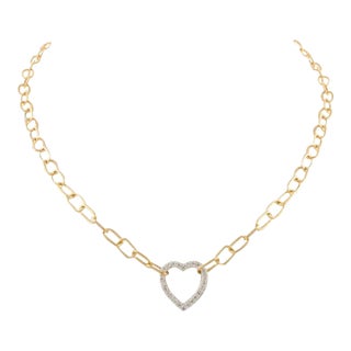 18k Yellow Gold Halo Diamond Heart Shape Pendant in Paperclip Chain Necklace For Sale