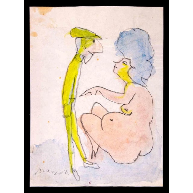 Mino Maccari, The Couple, Mixed Media Drawing, 1980 For Sale