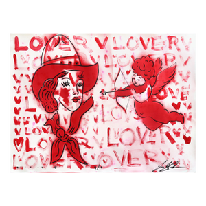 Lover 9 - One-of-a-Kind Red Figurative Cowgirl Vintage Inspired Painting on Paper Original Pop Art Red Cupid Love Artwork by Jesse Black