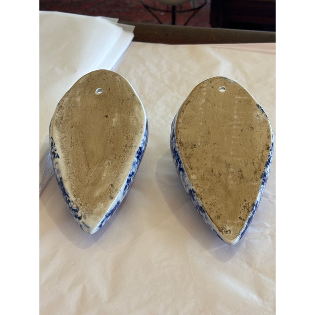 Pair of Blue and White Glazed Ceramic Floral Wall Pockets For Sale - Image 10 of 10