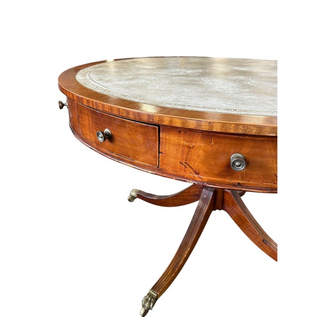 Wood English Georgian Revival Mahogany 48.25" Drum Table With Green Tooled Leather Top, Circa 1900 For Sale - Image 7 of 18