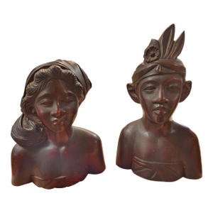 1960s Vintage Balinese Mahoganey Traditional Carved Busts a Pair