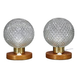 Mid-Century Modern Glass and Wood Table Lamps, Czechoslovakia, 1970s, Set of 2 For Sale