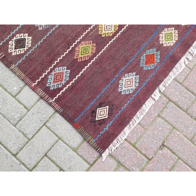 60s Aesthetic Wine Red Turkish Embroidered Jejim Kilim Area Rug For Sale - Image 6 of 11