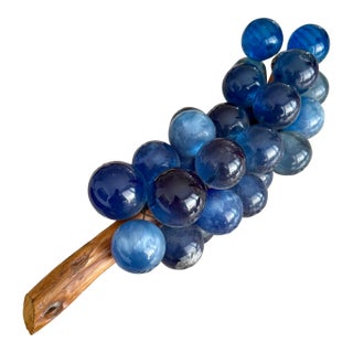 XLarge 16” Mid Century Vintage Blue Lucite Grape Cluster on Driftwood Kitschy For Sale