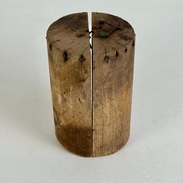Early 20th Century Vintage Salvaged Split Cylindrical Wooden Object d'Art With Nails For Sale - Image 5 of 9