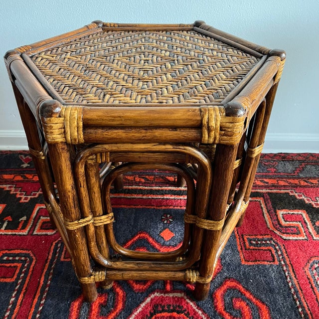 Wood Vintage Rattan & Bamboo Hexagonal Nesting Tables – Set of 3 (Newly Refinished) For Sale - Image 7 of 12