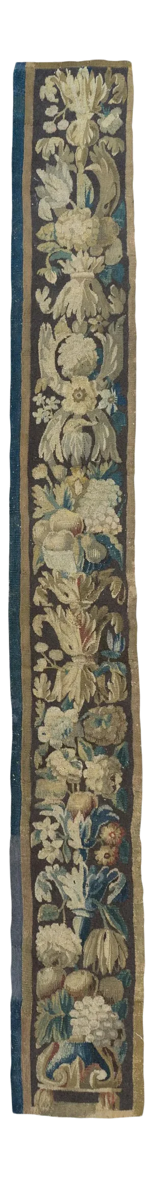 Antique 17th Century Ivory Blue Brown French Aubusson Border Panel Tapestry