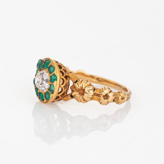 Antique Mid Victorian Ring Diamond Emerald 18k Yellow Gold Sz 6.75 Jewelry For Sale - Image 4 of 6