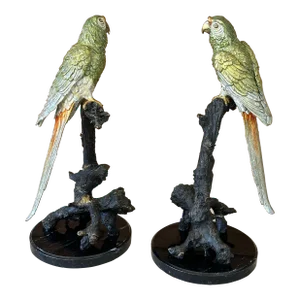 Late 20th Century Coastal Tropical Bronze Hand Painted Parrot Statues on Marble Bases-Pair