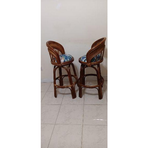 1980s Wicker Rattan Bamboo Barstool Blue Upholstered Fabric Seat Set of Two For Sale - Image 4 of 11