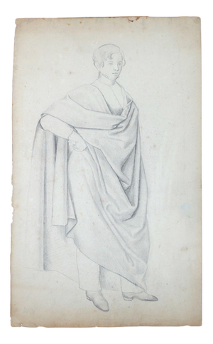 Hermann Goldschmidt, Man with Cloak, Pencil Drawing, Late 19th Century
