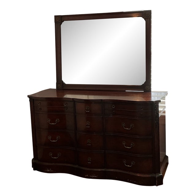 Vintage Mahogany 12 Drawer Dresser With Full Size Mirror. For Sale