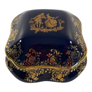Vintage 1960 French Limoges Gilded Cobalt Blue Jewelry Trinket Box