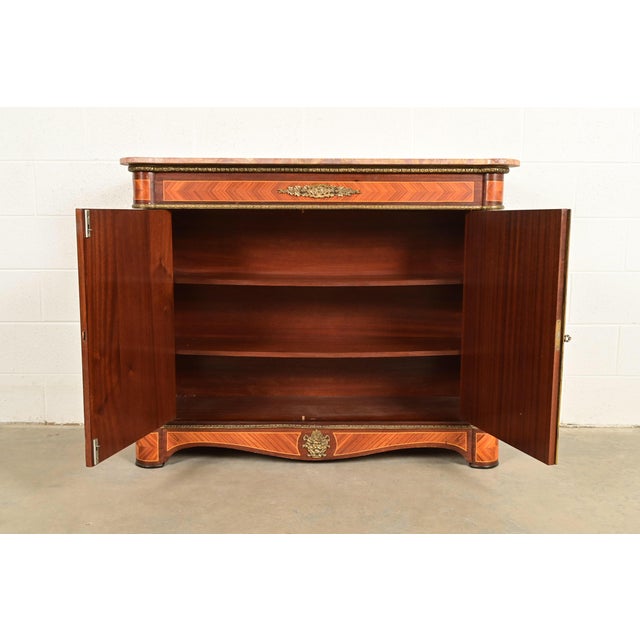 Early 20th Century Paul Sormani Style French Napoleon III Mahogany and Kingwood Marble Top Buffet Server or Bar Cabinet With Mounted Gilt Bronze Ormolu For Sale - Image 5 of 16