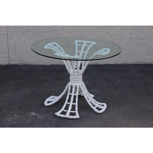 High Quality Vintage Indoor or Outdoor White Painted Faux Bamboo Dining Table with Round Glass Top
