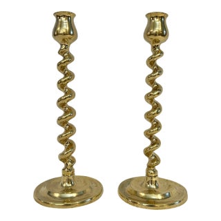 Early 20th Century English Brass Barley Twist Candlestick Holders - A Pair For Sale