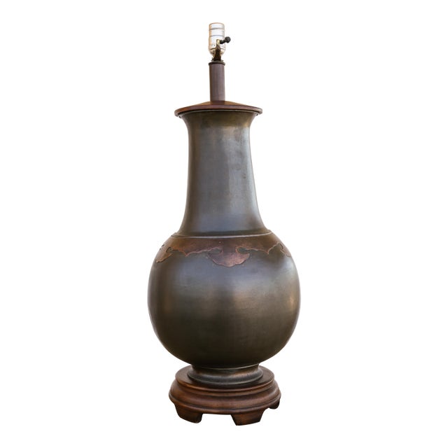 Vintage 60s Mid-Century Chinoiserie Brass & Copper Urn Large Table Lamp, Beautiful Dark Patina For Sale