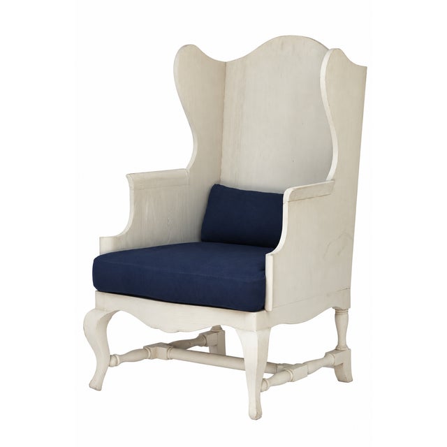 English Vintage Rh Pale Grey Wood Wingbak Chair W/Navy Blue Seat For Sale - Image 3 of 11