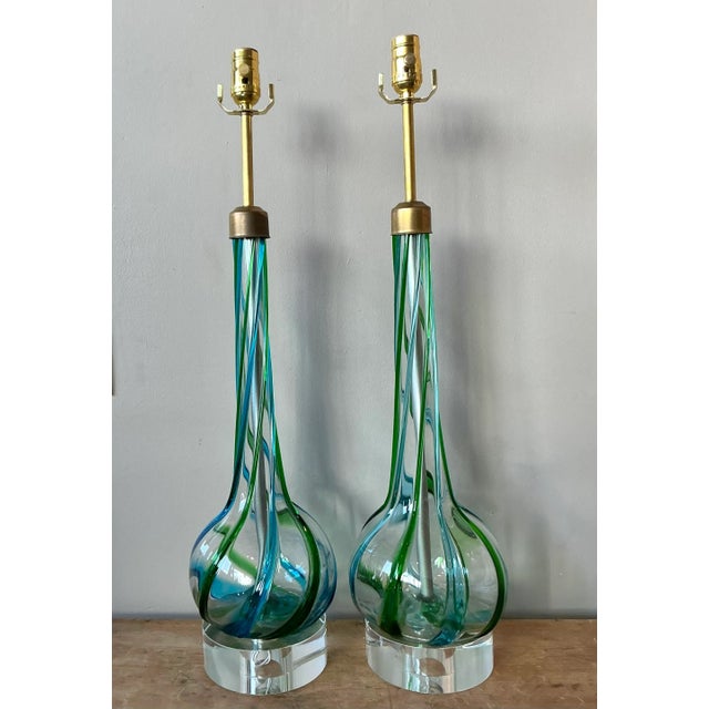Mid-Century Modern Vintage Regency Murano Swirl Lamps - A Pair For Sale - Image 3 of 4