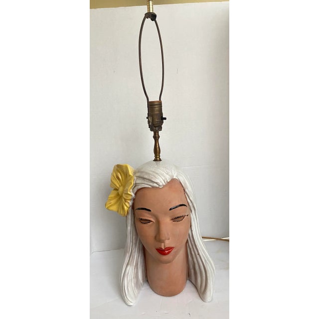 Mid 20th Century Life Size Terra Cotta Bust Sculpture Lamp Beautiful lady with vibrant yellow flower in her hair With the...