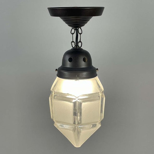 Secessionist Brass Semi Flush Mount in Frosted Glass and Burnished, 1920s For Sale - Image 10 of 14