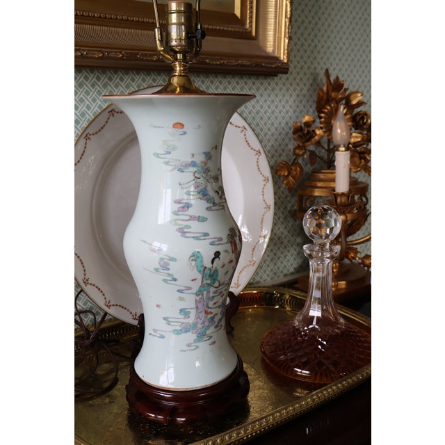 Vintage Chinese Celadon-Ground Famille Rose Celestial Figure Porcelain Table Lamp For Sale - Image 15 of 18