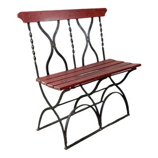 Mid-Century French Bistro Bench With Red Slats and Wrought Iron Frame For Sale