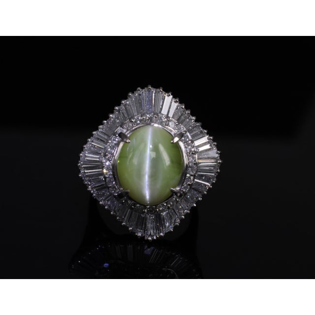 Late 20th Century Rare 8.95ct Natural Chrysoberyl Cat's Eye 2.60ct Diamond Platinum Ring Size 6.5 For Sale - Image 16 of 18