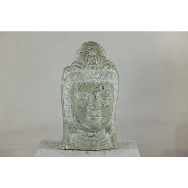 Hand-Carved Vintage Chinese Stone Quán Yīn Head Sculpture with Natural Patina For Sale In New York - Image 6 of 12