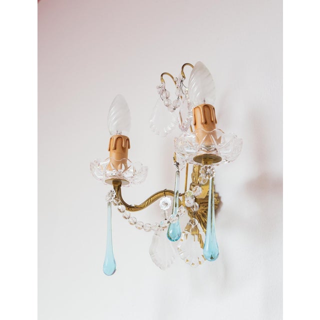 Vintage French Wall Sconce in Brass with Pink or Blue Glass Drops, 1960s For Sale - Image 4 of 7