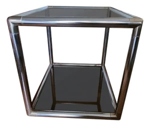 1970s Chrome Tubular Cocktail Table W/Smoke Glass Pane Shelves in the Style of Milo Baughman