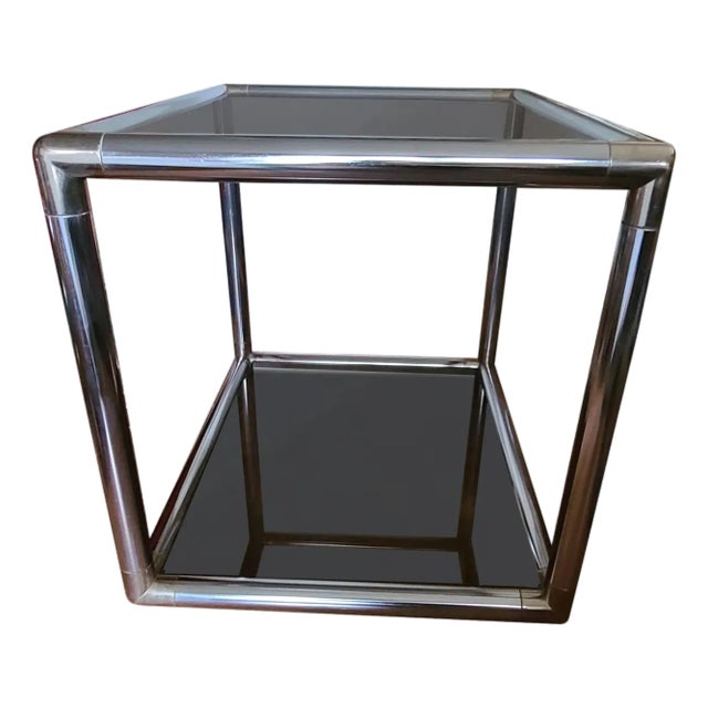 1970s Chrome Tubular Cube Cocktail Table W/Smoke Glass Pane Shelves in the Style of Milo Baughman For Sale