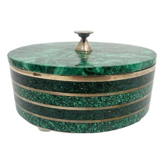Round Malachite Box with Brass, 1950s For Sale