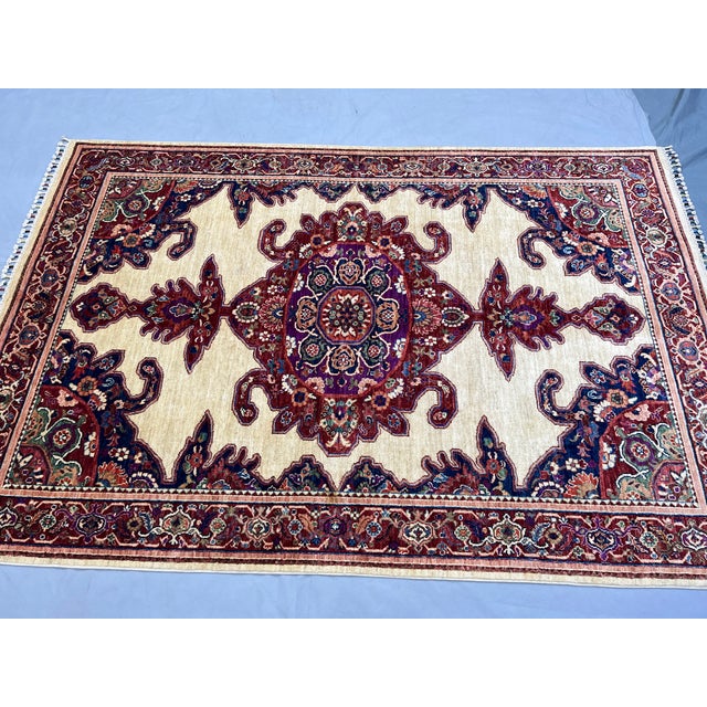 2000 - 2009 Beige & Red Persian-Style Medallion Wool Rug, Natural Dyes, 5'7" X 8'3" For Sale - Image 5 of 15