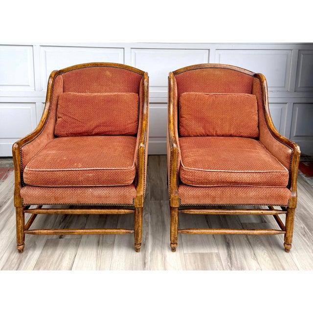 These stylish 1970s lounge chairs by Cal-Mode Furniture feature beautifully sculpted walnut frames paired with rich...
