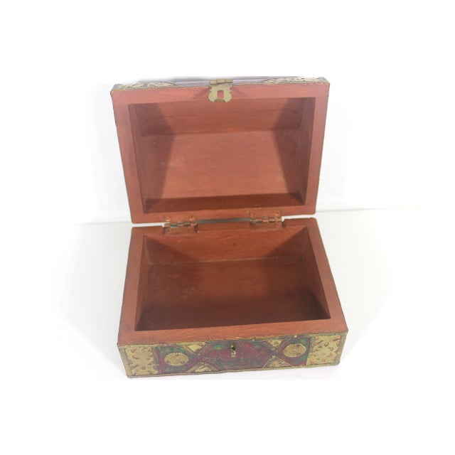 Vintage Humpback Dome Top Wood and Brass Box, Brass Trim, Lidded, Hinged Lid Box, Brown Red Green Gold Trinket For Sale - Image 9 of 10