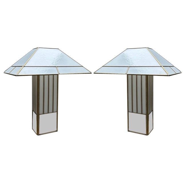Large Brass and Opaque Glass Table Lamps in the style of Tiffany, 1970s, Set of 2 For Sale