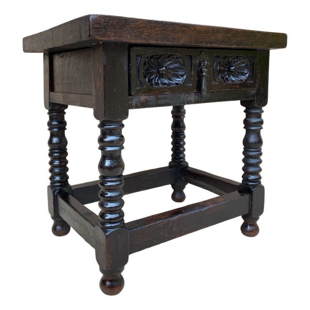 Mid-Century Spanish Carved Side Table with One Drawer, 1940 For Sale
