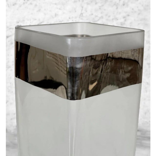 Mid 20th Century Vintage Italian Frosted Art Glass Chrome Rim Pillar Vase For Sale - Image 5 of 11