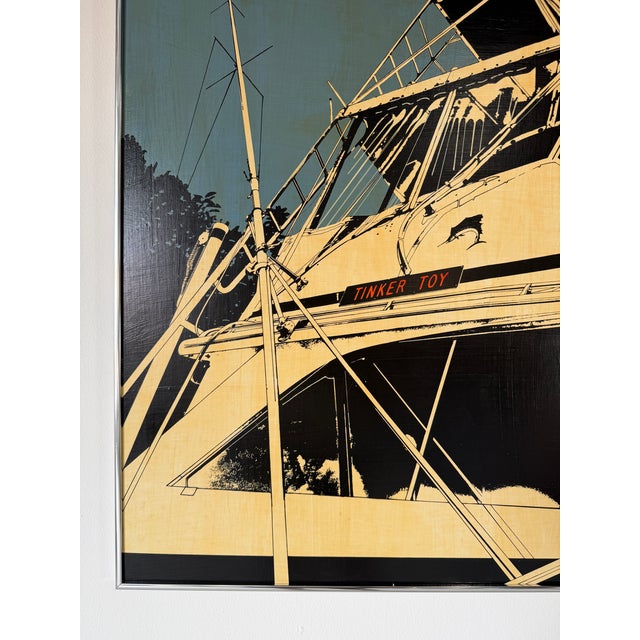 Blue 1980 Florilore Mid-Century Modern “Tinker Toy” Boat Painting on Board, Framed For Sale - Image 8 of 12