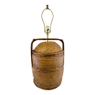 1960s Mid-Century Modern Woven Rattan Basket Table Lamp With Brass Hardware For Sale