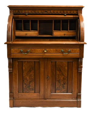 Antique Victorian Walnut and Burl Wood Cylinder Desk