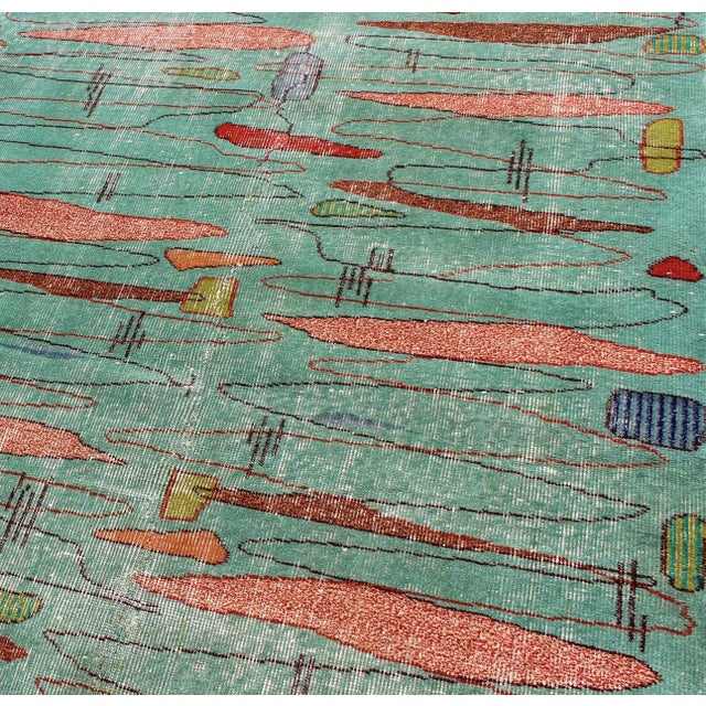 Textile Vintage Rug in Abstract Modern Design in Light Teal Background by Keivan Woven Arts For Sale - Image 7 of 9