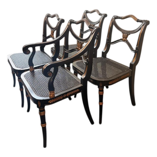 Late 20th Century Neoclassical Regency Style Ebonized & Gilt Cane Seat Dining Chairs, Set of 4 (1 Arm, 3 Side) For Sale