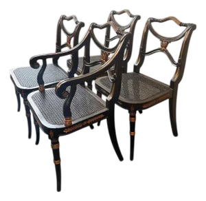 Late 20th Century Neoclassical Regency Style Ebonized & Gilt Cane Seat Dining Chairs, Set of 4 (1 Arm, 3 Side)