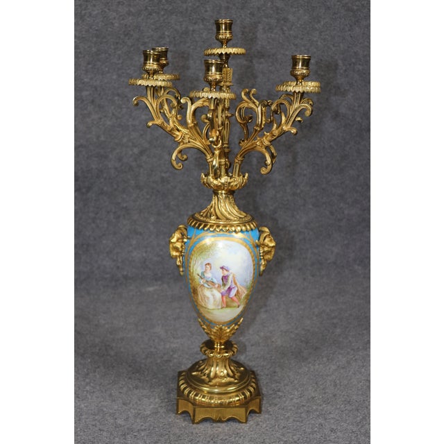 French Pair of French Late 19th Century Sevres Style Porcelain and Bronze Candelabras For Sale - Image 3 of 13