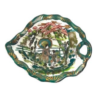 Japanese Geisha Green Gold Porcelain Leaf Dish For Sale