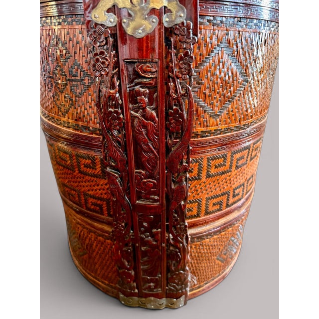 Mid 20th Century Mid 20th Century Large Chinese Wedding Basket Tiered-Woven Bamboo Rattan-Lacquer-Chinoiserie-Boho For Sale - Image 5 of 11